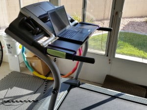 Day 9.  Ready to work on the treadmill in the sunroom. Homemade writing desk made from a shelf and two bungie cords. I had just set it up when temps hit 104 degrees! So we moved it into my office.